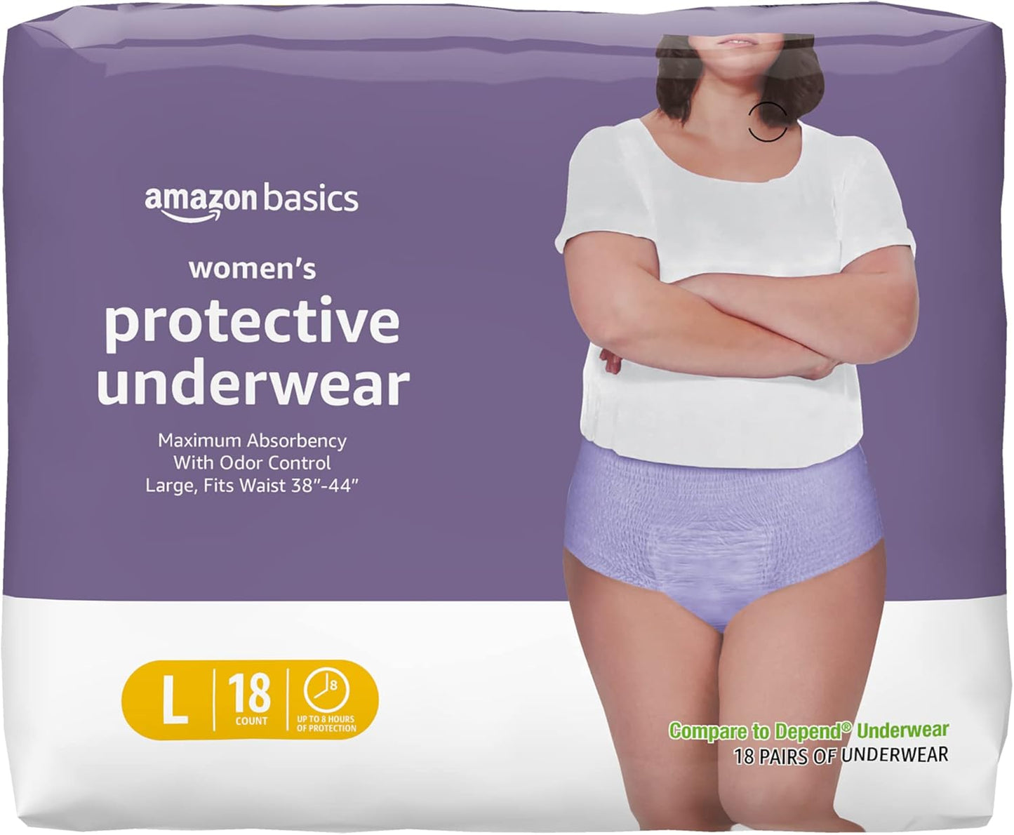 Amazon Basics Incontinence Underwear for Women, Protective, Disposable, Postpartum, Maximum Absorbency, Large, Lavender, 18 Count