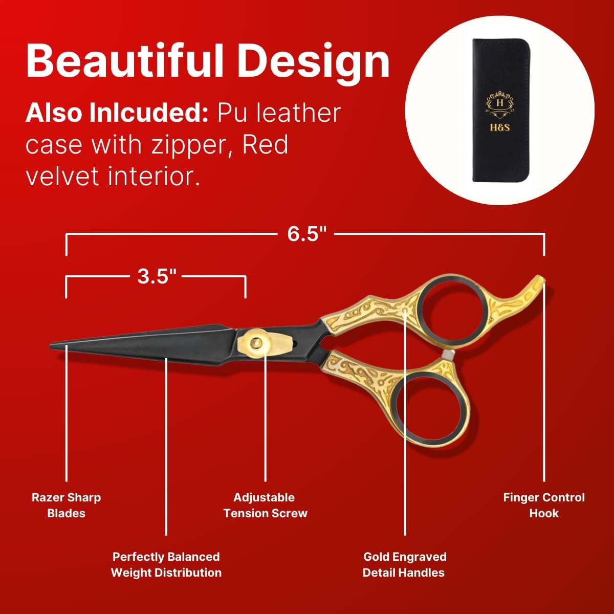 H&S GoldBlack Series Professional Hair Cutting Scissors | Premium Japanese Stainless Steel | 6.5” Hair Shears, Barber Accessories & Hair Salon Supplies | Beard & Moustache Grooming