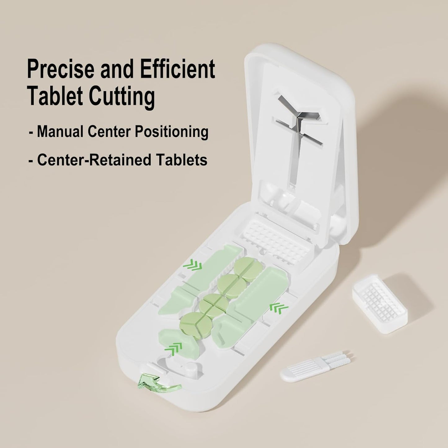 Precision Pill Cutter with Centering Guide - Multi-Angle Tablet Splitter for 1/2, 1/3 & 1/4 Cuts, Includes Pill Crusher & Storage Compartment (White)