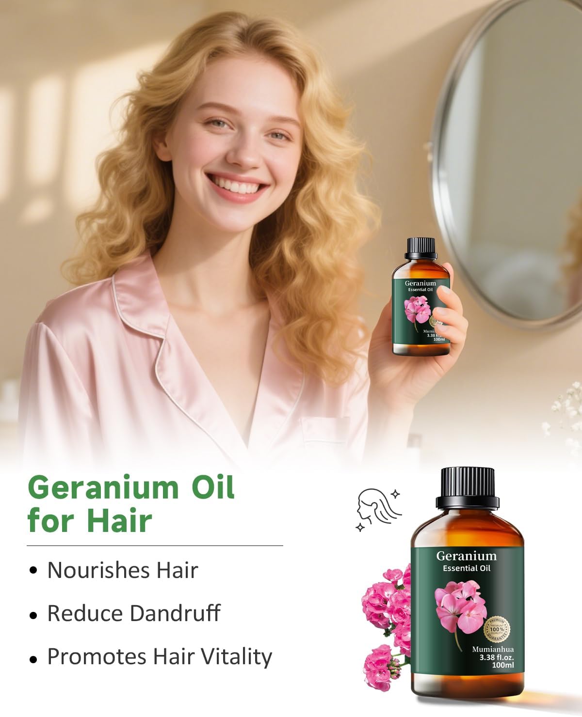 Mumianhua 100% Pure Geranium Essential Oil Natural Geranium Oil for Skin, Diffuser, Massages, DIY, Skin, Hair, Bath, Aromatherapy, Soap Making, Candle Making 3.38 Fl oz