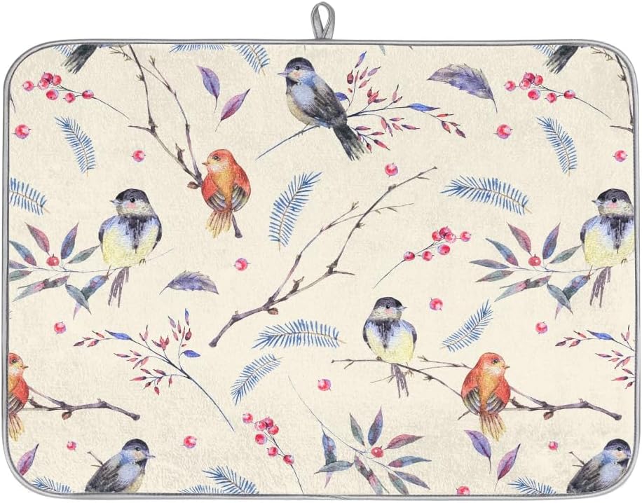 Hexteria Vintage Birds Dish Drying Mat Microfiber Kitchen Drying Mat Dish Drying Mats for Kitchen Counter Absorbent Quick Drying Pad 16x18 Inch