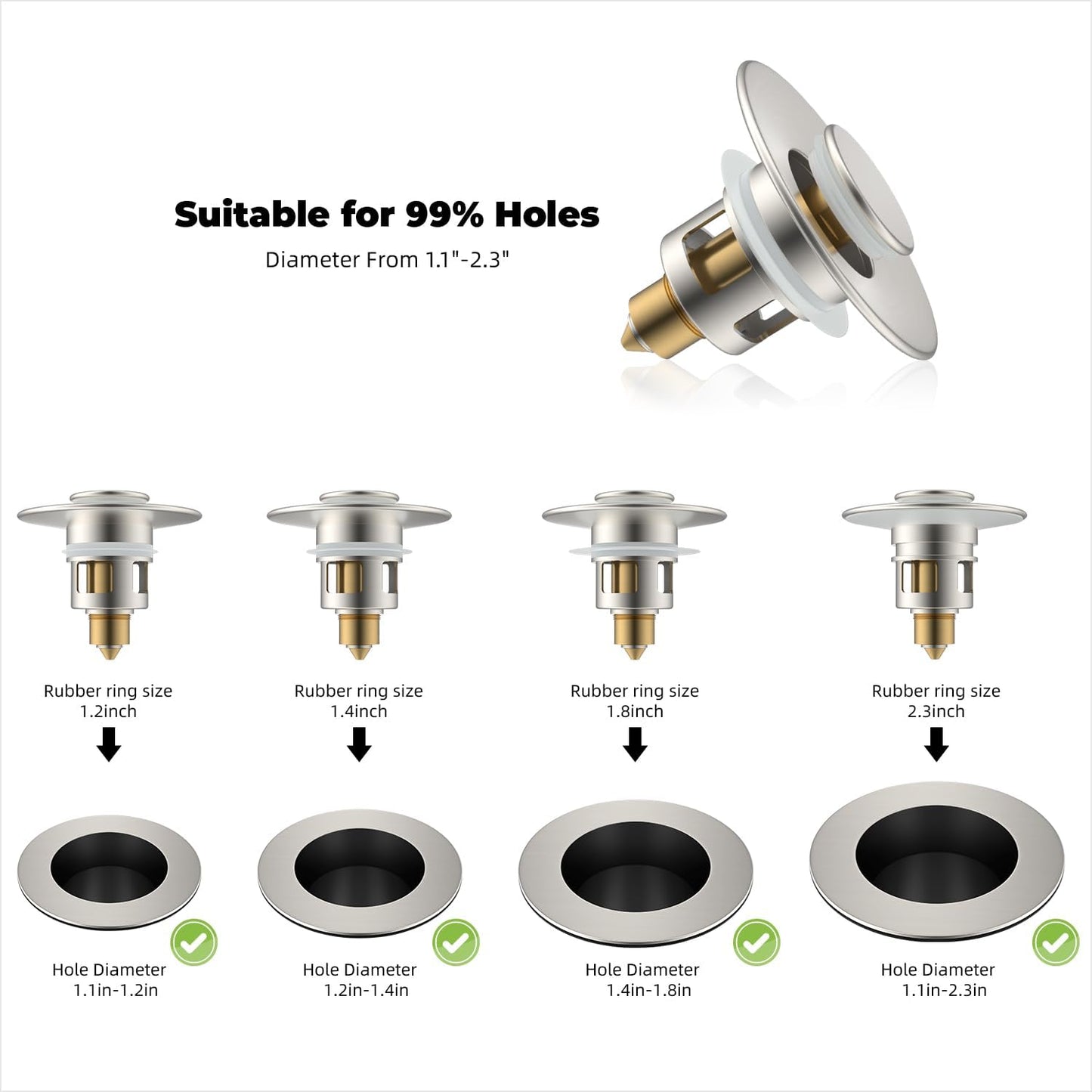 Hibbent All Metal Universal Bathroom Sink Stopper for 1.1''~2.3'' Basin, Pop Up Sink Drain Strainer, Brass Bullet Core Push Type Stopper, Stainless Steel Anti Clogging Drain Filter, Brushed Nickel