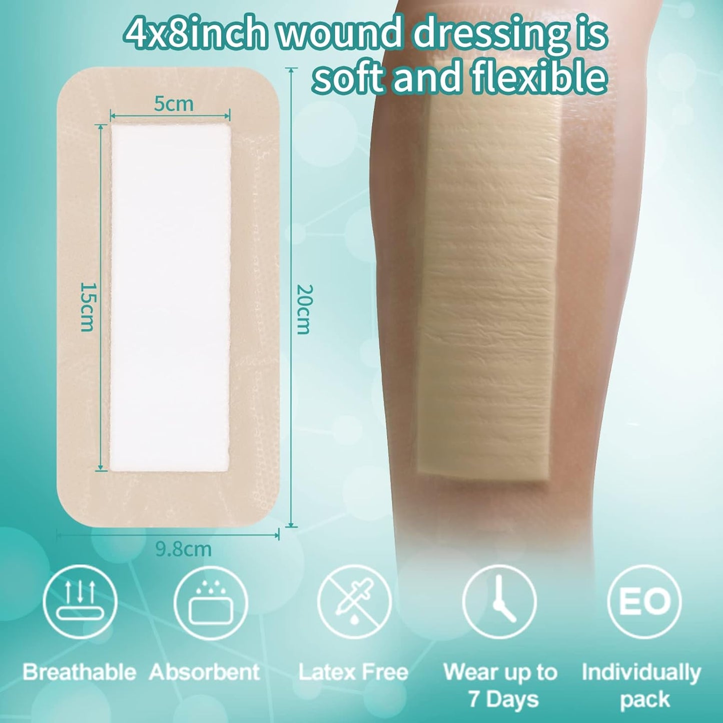 Dimora Silicone Foam Dressing with Border Adhesive 4"x8" Waterproof Wound Dressing Bandage for Wound Care 5 Pack