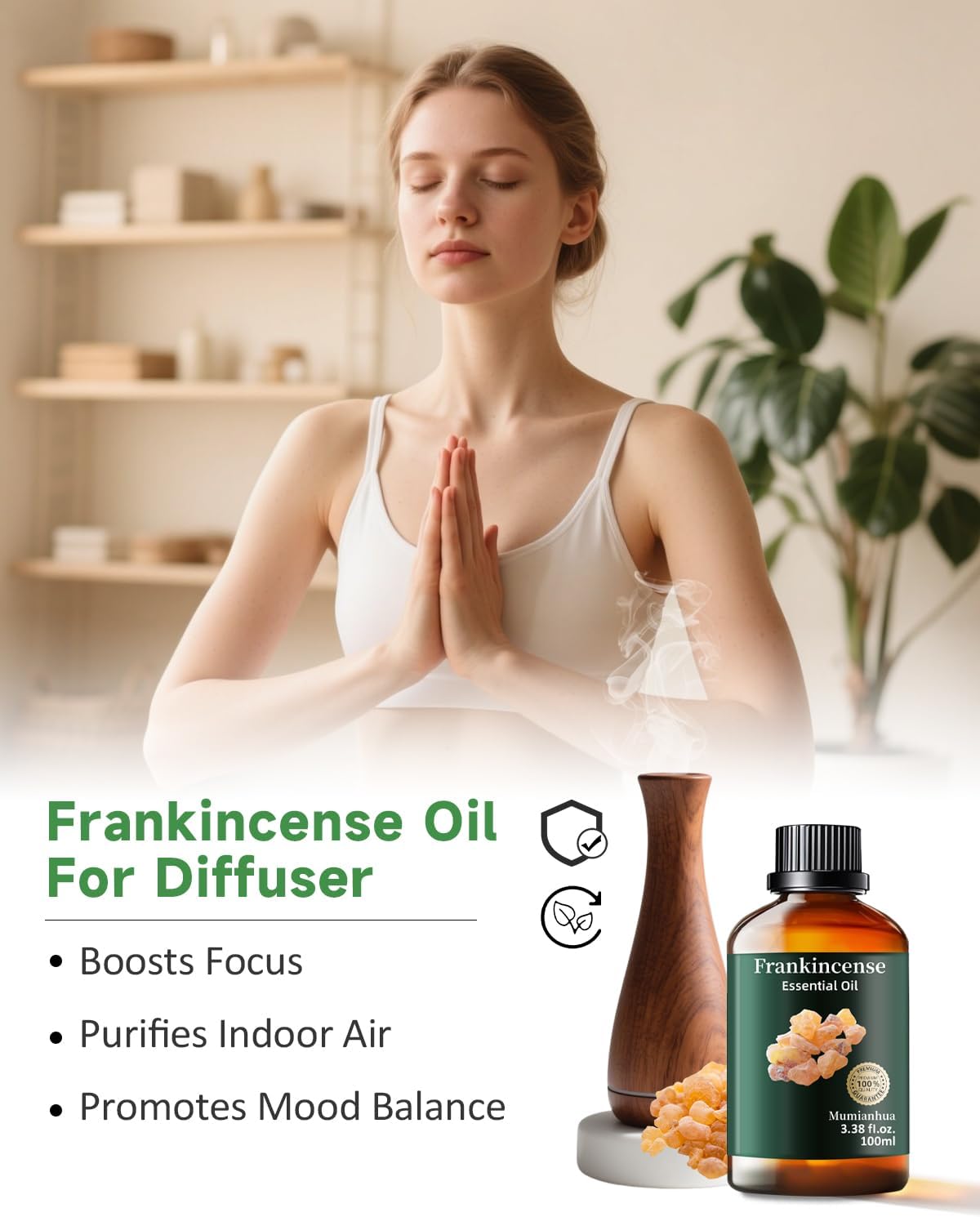Mumianhua 100% Pure Frankincense Essential Oil Natural Frankincense Oil for Aromatherapy Therapeutic Grade Resin Oil for Skin, Meditation Diffuser & Candle Making | for Home & Office Focus 3.38 Fl Oz