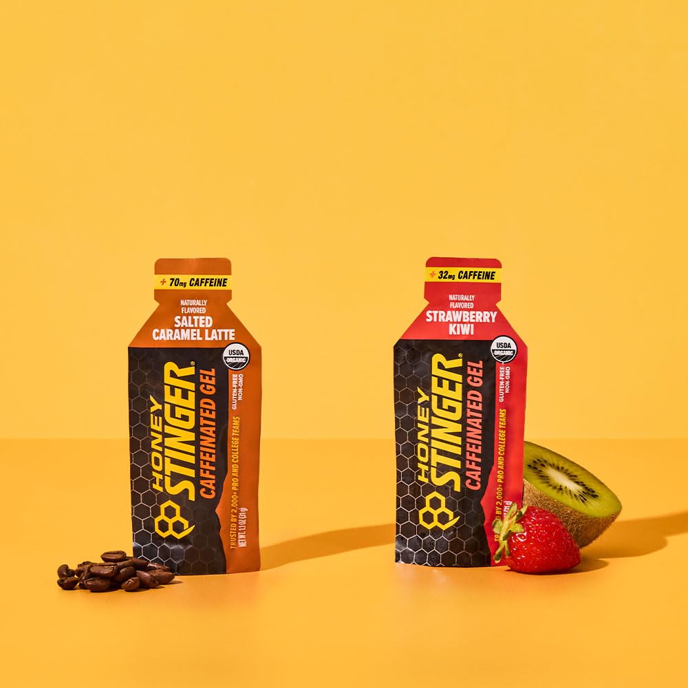 Honey Stinger Caffeinated Organic Energy Gel Variety Pack, 12 Packs Each of Salted Caramel Latte & Strawberry Kiwi, Caffeinated & Gluten Free, For All Exercises, Sports Nutrition for Home & Gym