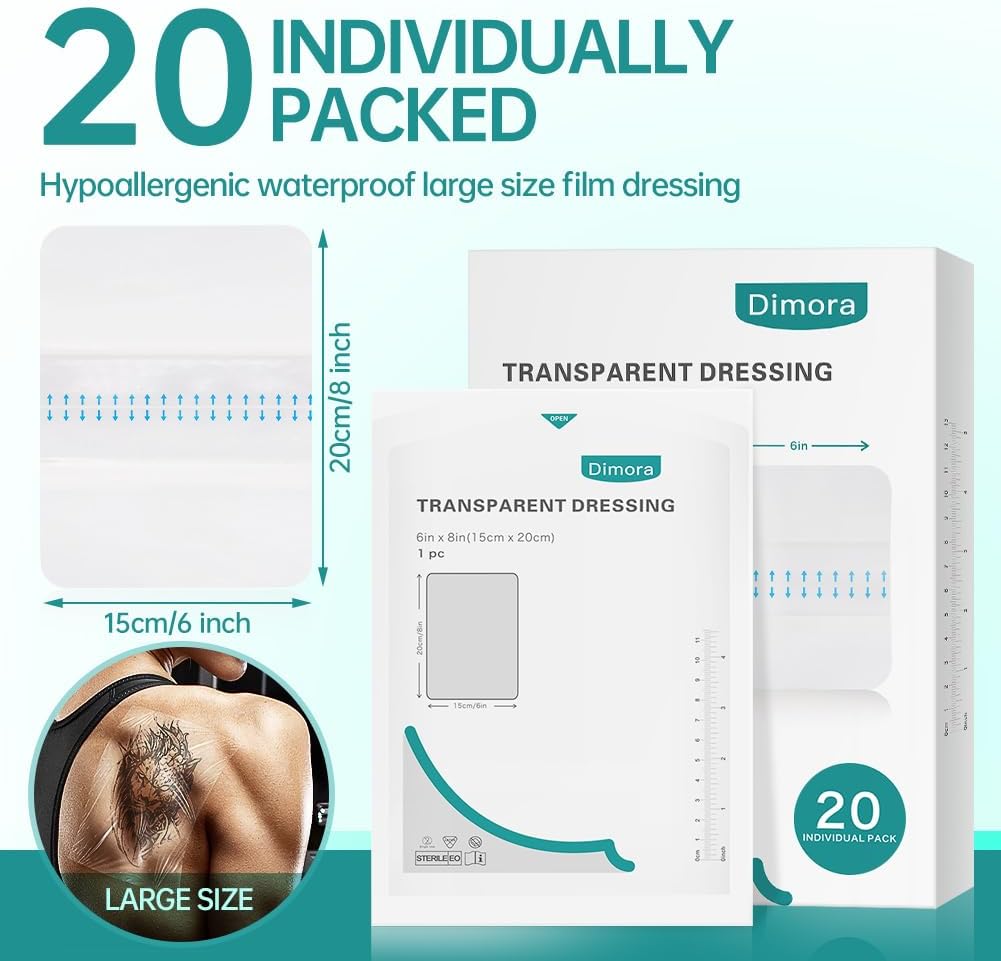 Dimora Transparent Film Dressing 6x8 inch 20 Packs with Hypoallergenic Adhesive, Large Waterproof Wound Bandages Post Surgical for Swimming, Tattoo Aftercare Bandage, IV Shield
