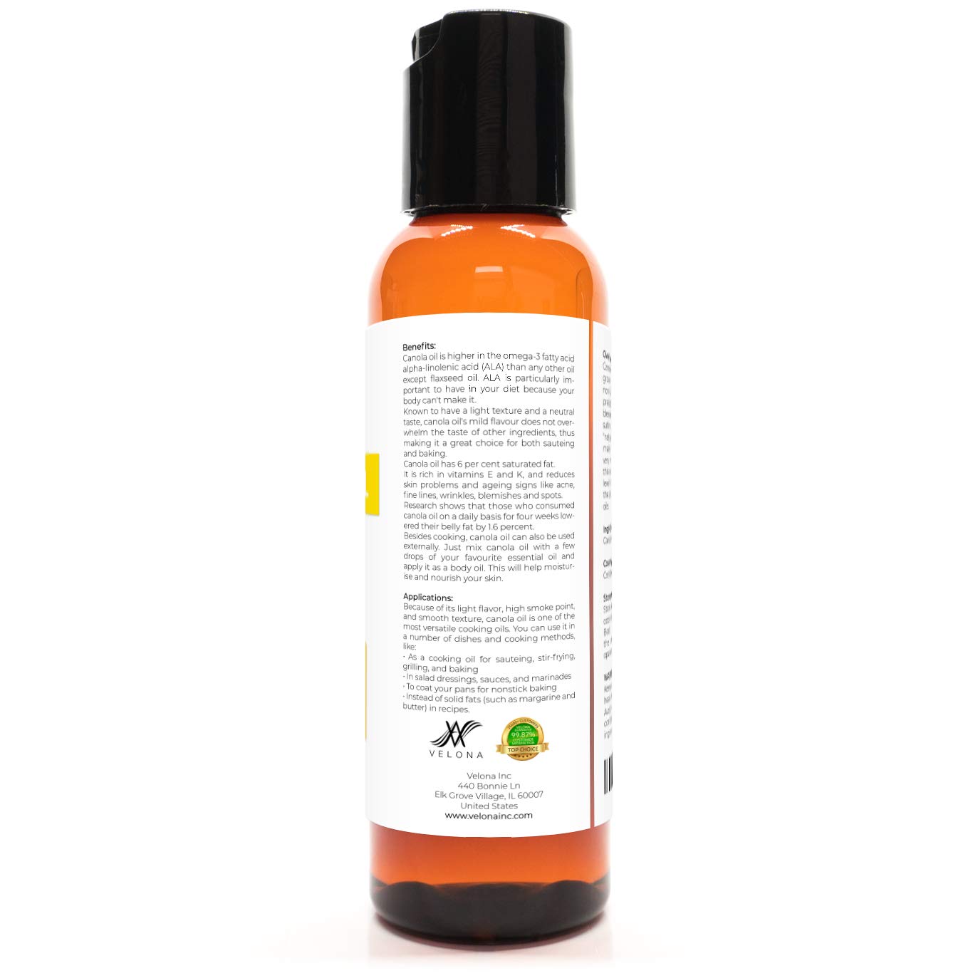 Canola Seed Oil by Velona - 2 fl oz | 100% Pure and Natural Carrier Oil | Refined, Expeller Pressed | Cooking, Dressing, Skin, Face, Body, Hair Care | Use Today - Enjoy Results