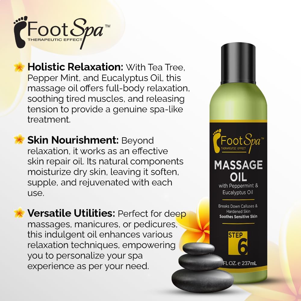 Foot SPA - Massage Oil, with Tea Tree, Pepper Mint, Eucalyptus Oil, 8 Oz - Professional Full Body Massage Therapy, Manicure, Pedicure - Relax Sore Muscles and Repair Dry Skin