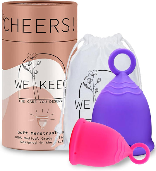 Menstrual Cup - Reusable, Soft & Safe Medical Grade Silicone Period Cup - 12 Hours Comfort - Eco Friendly Tampon & Pad Alternative for Active Lifestyle & Heavy Flow (Rose Pink & Purple)
