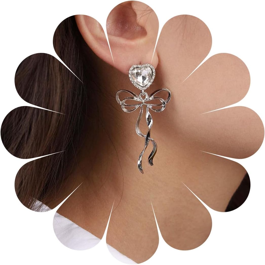 Vintage Crystal Bow Dangle Earrings Rhinestone Heart Stud Earrings Silver Cz Heart Love Earrings Large Bowknot Earrings Jewelry for Women