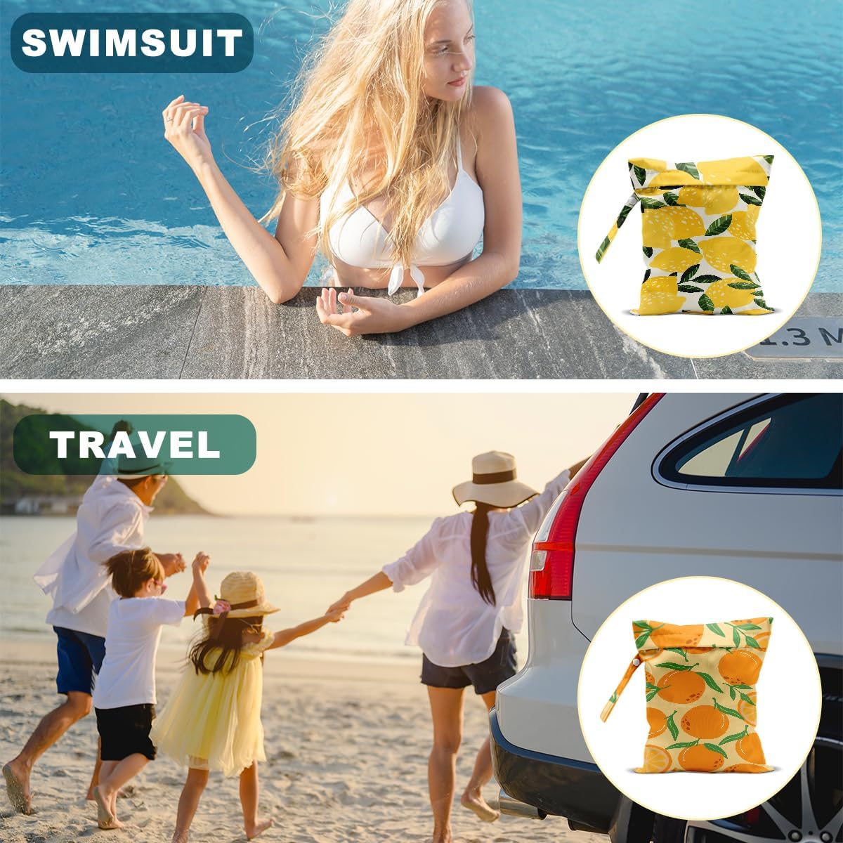 2Pcs Lemon Orange Print Wet Bags, Wet Dry Bag Reusable for Swimsuit, Travel, Diapers, Beach, Dirty Yoga Gym Clothes, Toiletries, Makeup Bag, Waterproof Birthday Christmas Gifts