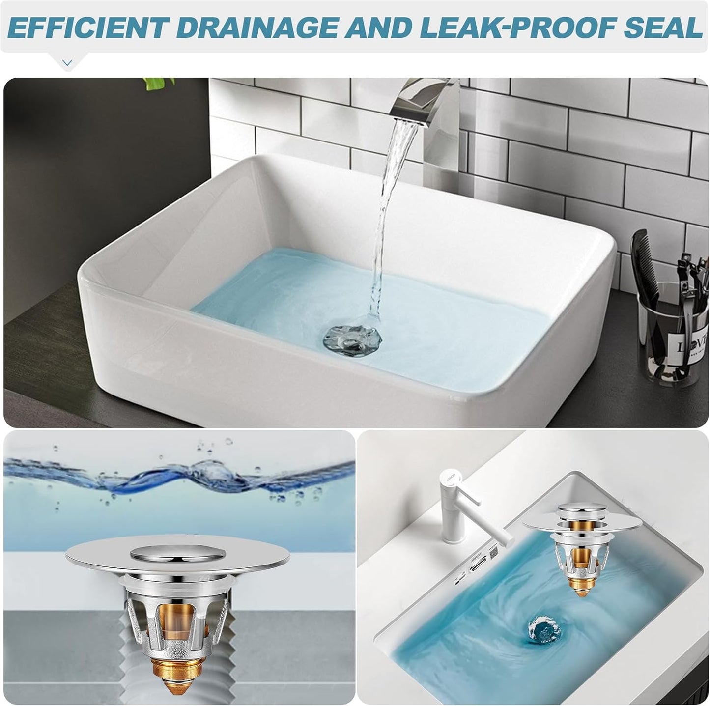 SHAP+ Universal Bathroom Sink Stopper, Fits 1.06-1.5 Inch, Premium Basin Pop Up Sink Drain Strainer, Anti-Leakage and Clogging, with Hair Catcher, Made Brass, Chrome Plated