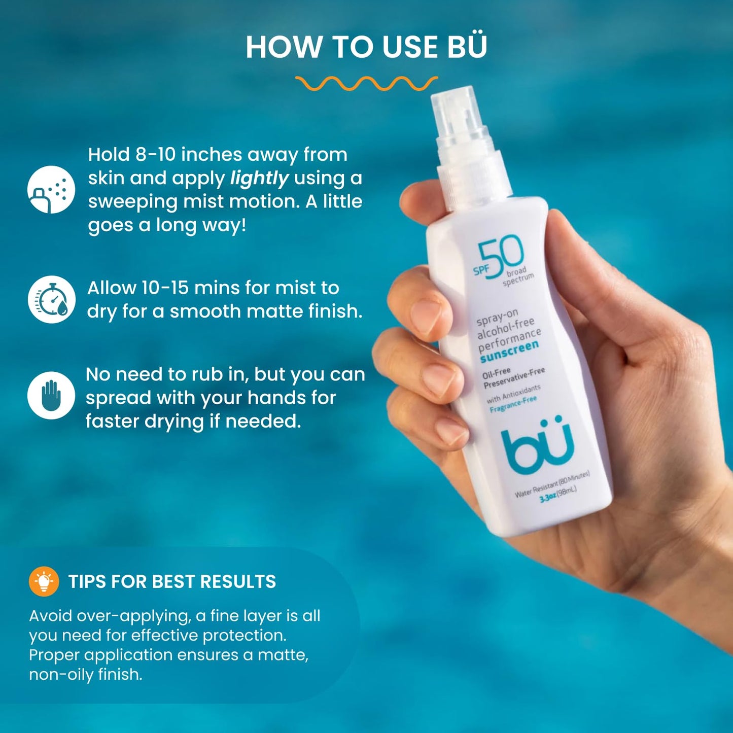 BU SPF 50 Sunscreen Spray for Face and Body, Fragrance Free, Clear Non Aeorsol, Non Greasy and Water Resistant (2-pack)