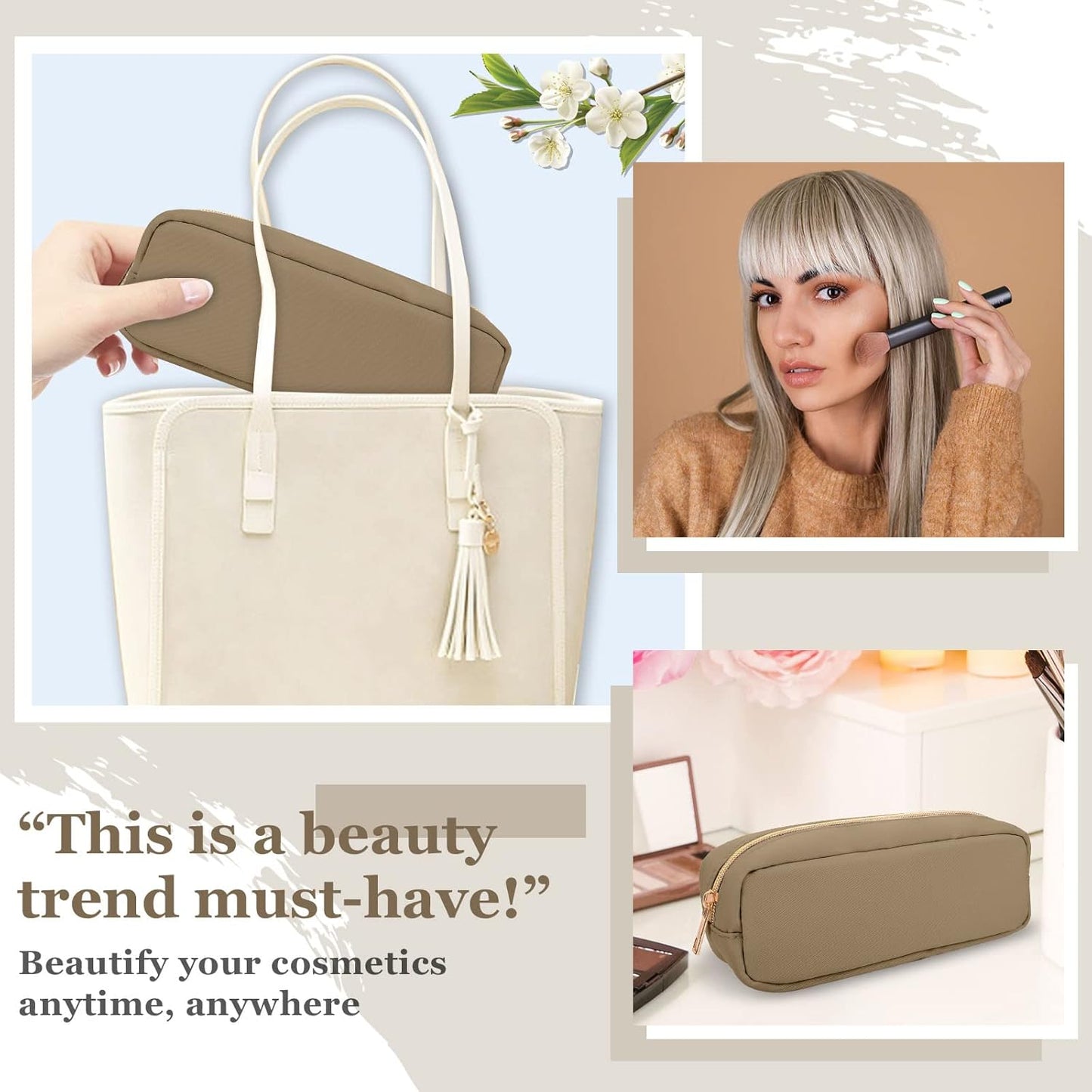 IZUZTA Nylon Slim Makeup Bag, Preppy Cute Makeup Brush Case Bag, Waterproof Travel Toiletry Bag Clutch Coin Pouch Make Up Organizer for Women Girls (Khaki)