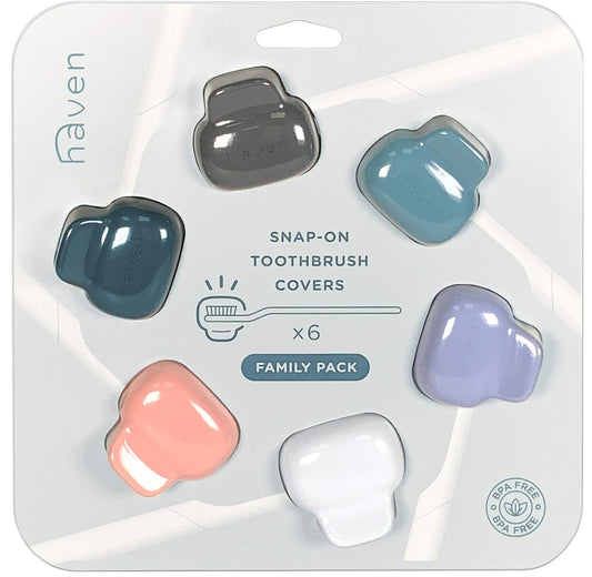 Haven Toothbrush Cover Family Pack - Fits Electronic and Manual Toothbrushes - Travel Toothbrush Case Holders - Set of 6 Tooth Brush Protectors (White, Blue, Purple, Coral, Teal, Charcoal Gray)