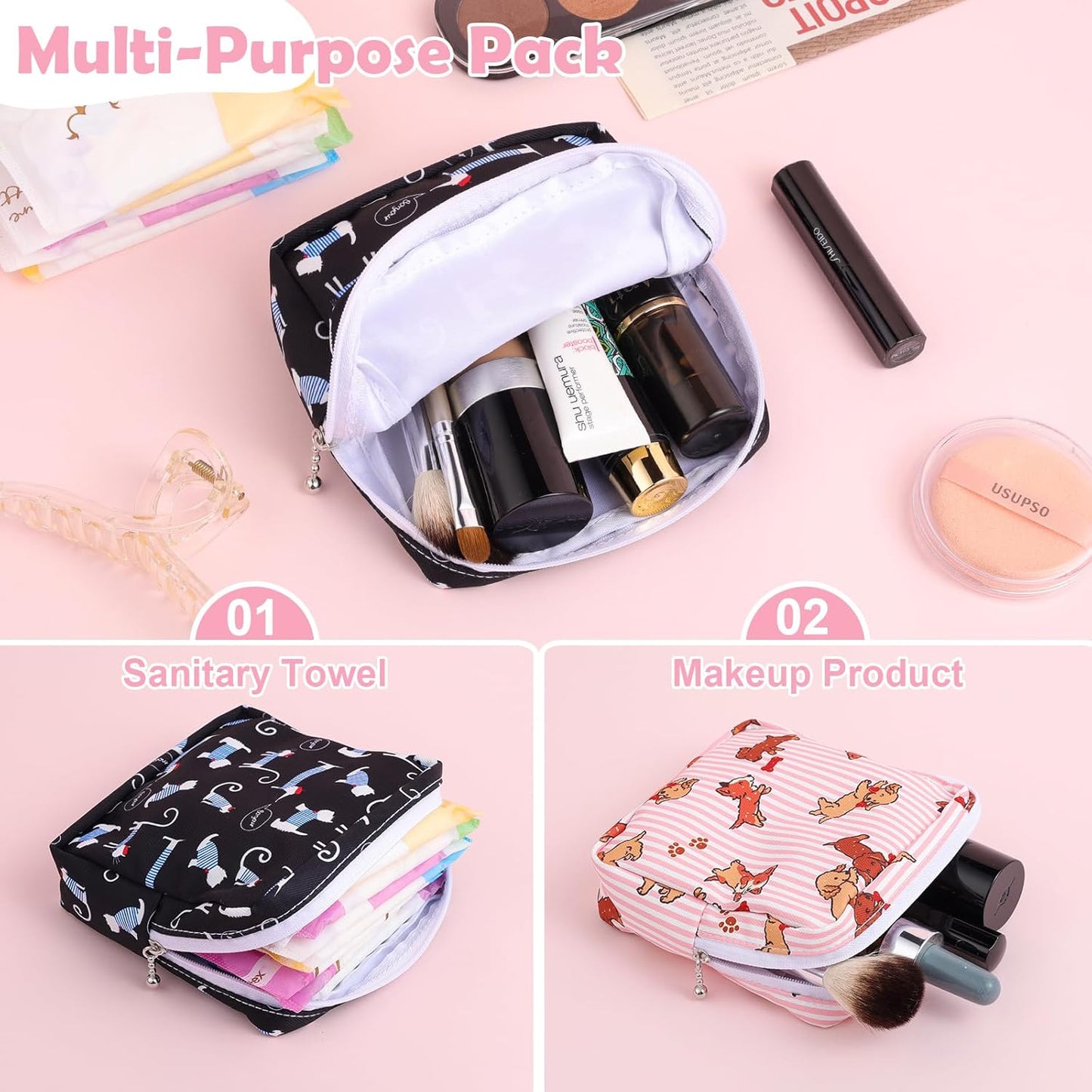 Desing Wish Sanitary Pad Storage Bag Portable Period Bag for Teen Pads/Sanitary Napkins/Small Tampons, Sanitary Napkin Storage Bag First Period Gifts for Teen Girls (Bowknot Rabbit)