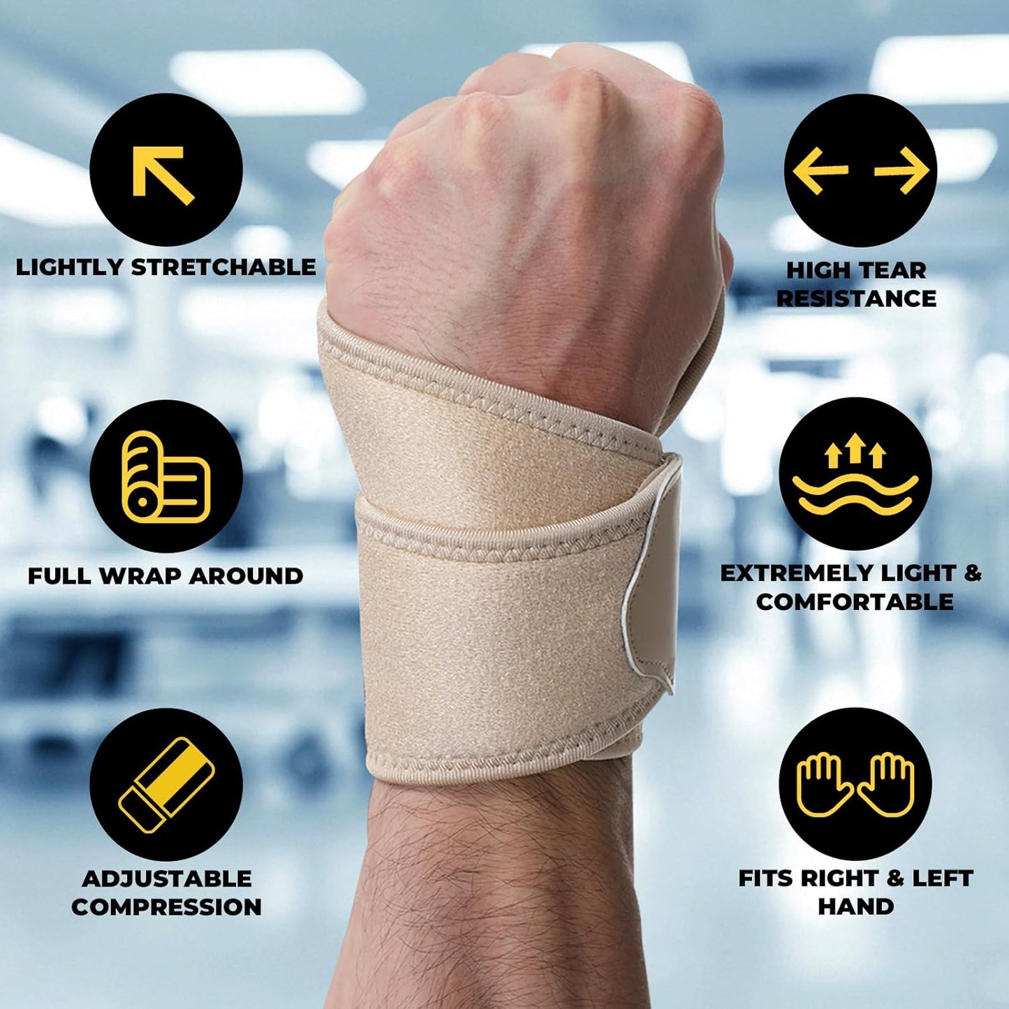 NeoTech Care Wrist Band - Elastic & Breathable Fabric - Adjustable Compression Strap - Men, Women, Right or Left - Support Wrap for Protection or Sports (Beige Color, Size L, 1 Unit)