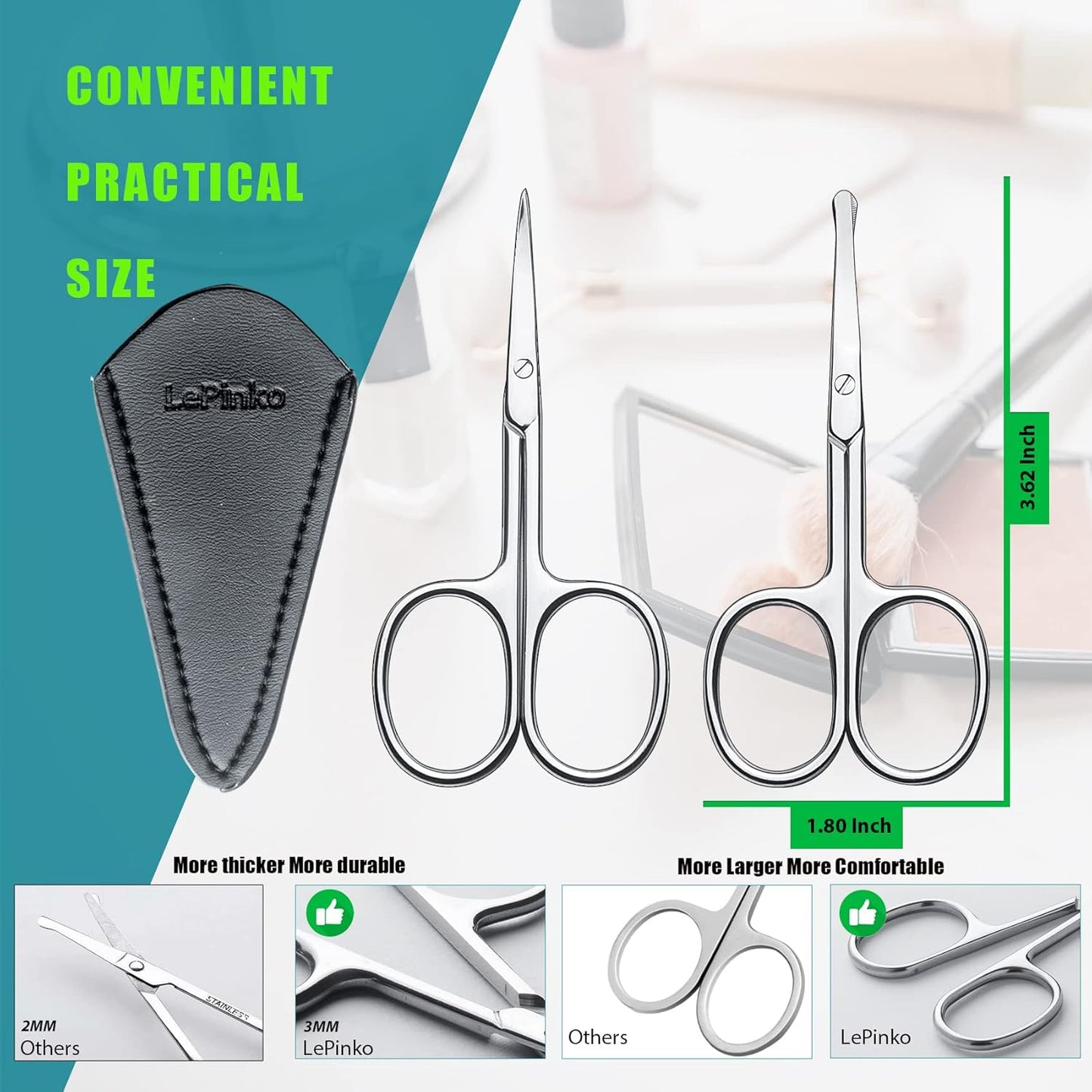 Facial Hair Small Grooming Scissors For Men Women - Eyebrow, Nose Hair, Mustache, Beard, Eyelashes, Ear Trimming Kit - Curved and Rounded Safety Tip Clippers For Hair Cutting 2PCS With Cover Sliver