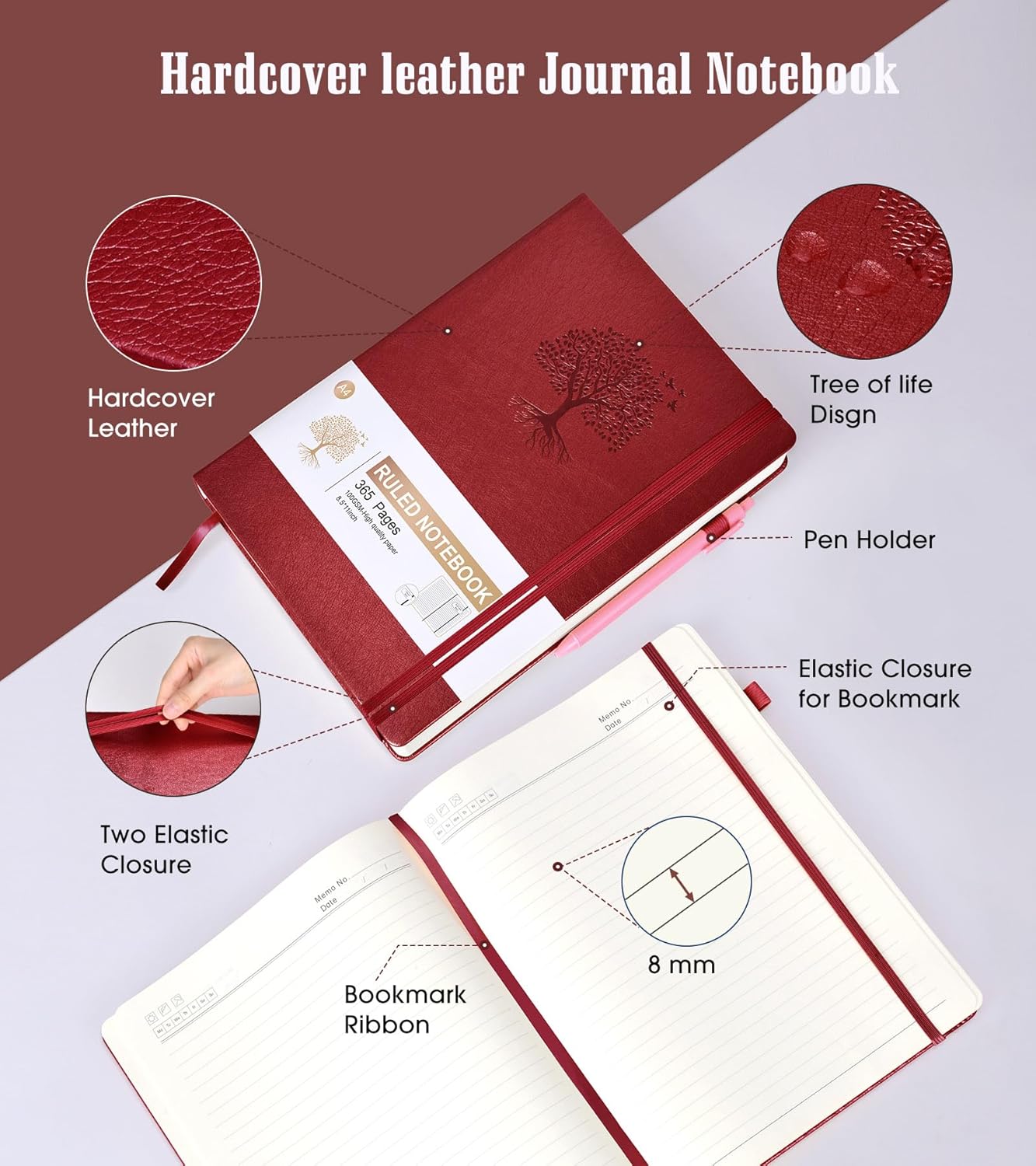 Lined Journal Notebook, 365 Pages A4 Big Journals for Writing College Ruled Notebook, Hardcover Leather Journal for Women Men, Daily Notebook for Work, Note Taking, 100Gsm Thick Paper(8.5" x 11"Wine)