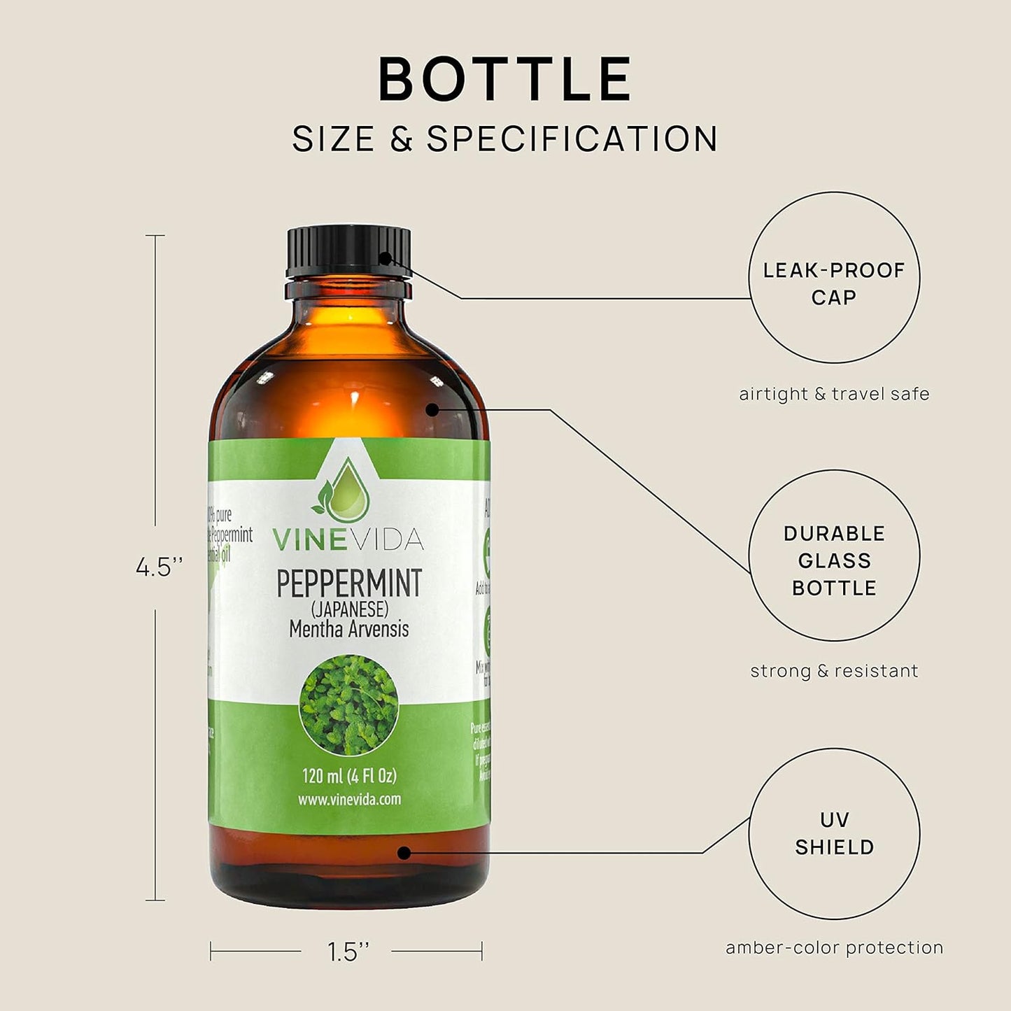 VINEVIDA Peppermint Japanese Essential Oil 4 oz - Undiluted Peppermint Oil 4 oz - Peppermint Candle Oil Scent - DIY Candle Scents for Candlemaking - Bulk Essential Oil for Soap Making Safe for Skin