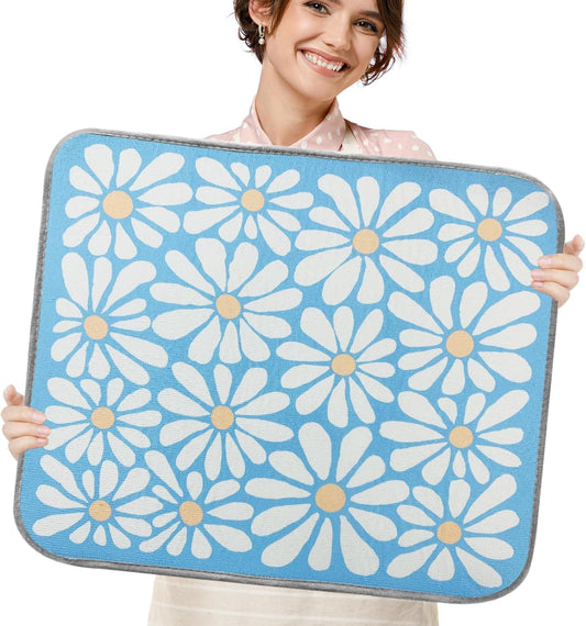 SHIYUE Dish Drying Mat for Kitchen Counter Super Absorbent Spring Kitchen Decor Microfiber Drying Matainers Rack Fast Pad Dish Drainer Mats(Sky Blue Flower,18''x24'')