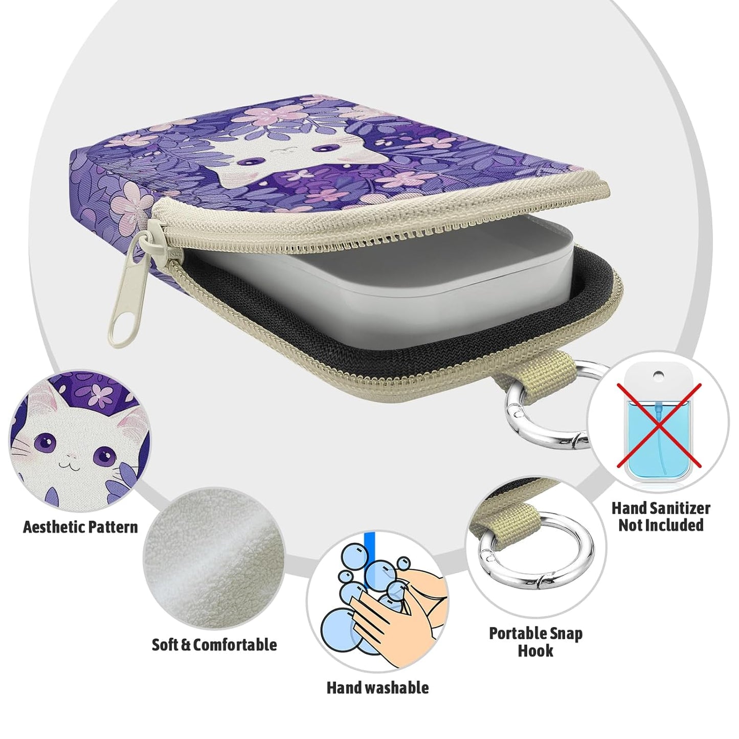 Cat Hand Sanitizer Spray Case, Cute Hand Sanitizer Holder Zippered Pouch, Fashion Accessory with Snap Hook for Glow Mist and Power Mist 1FL OZ