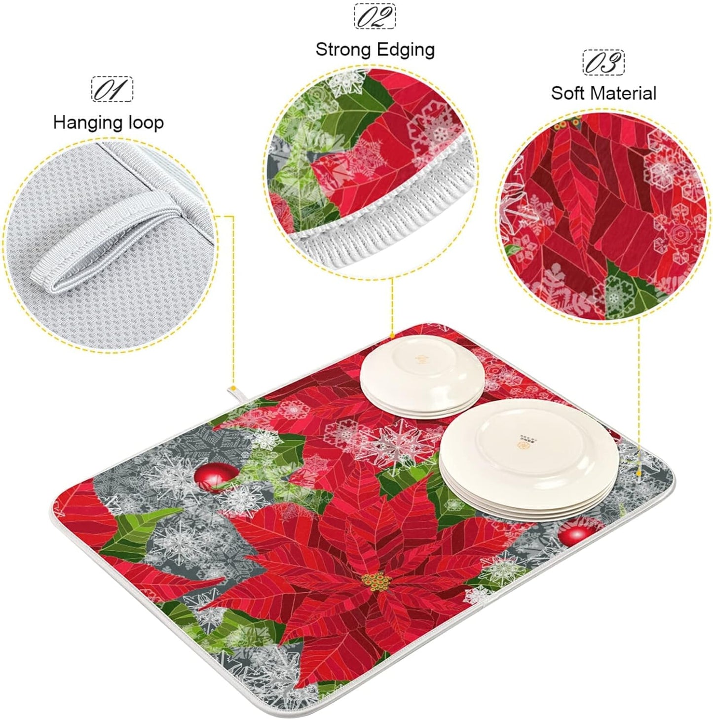 Happy Holidays Poinsettias Flower Christmas Microfiber Dish Drying Mat 18'' x 24'' for Kitchen Counter Drying Pad Dish Drainer Mats Absorbent Dish Draining Mat Extra Large