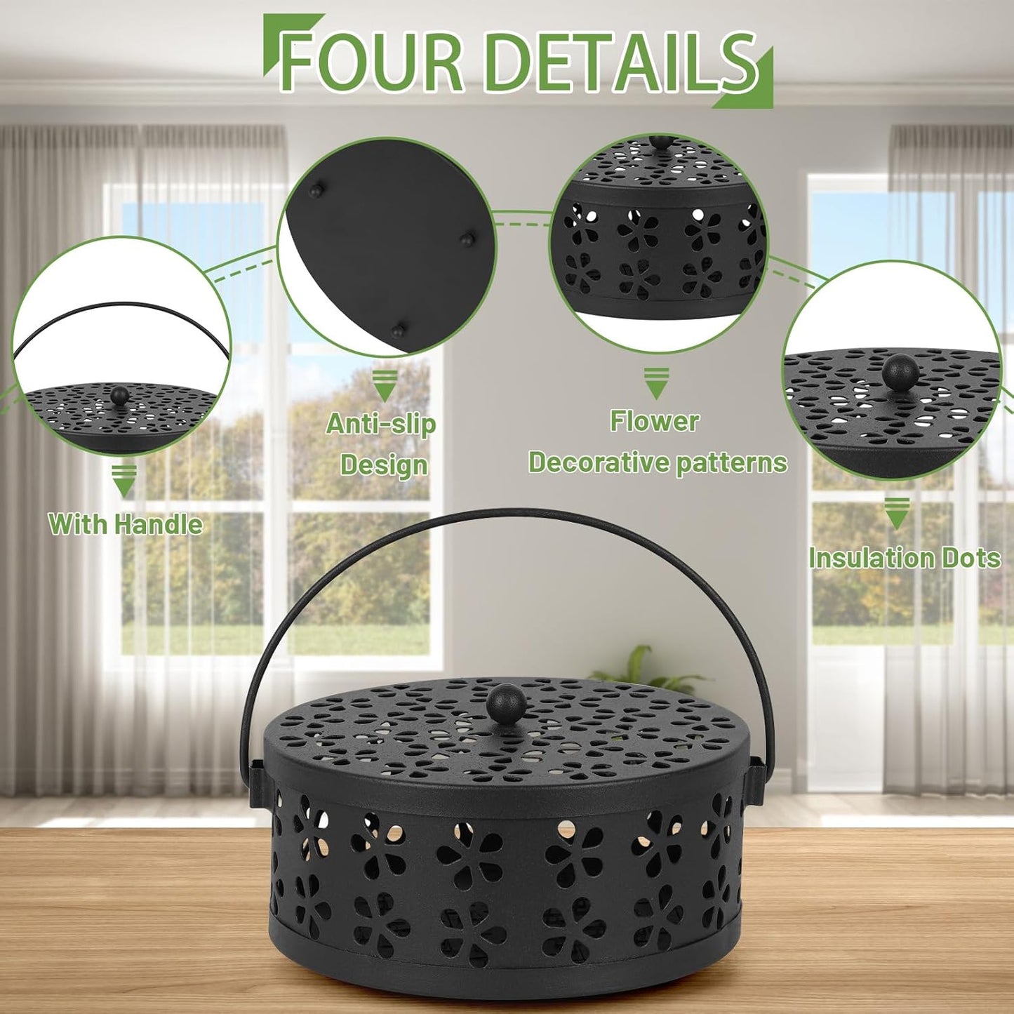 Portable Iron Mosquito Coil Holder with Handle Round Heat-Resistant Incense Holder (Black)