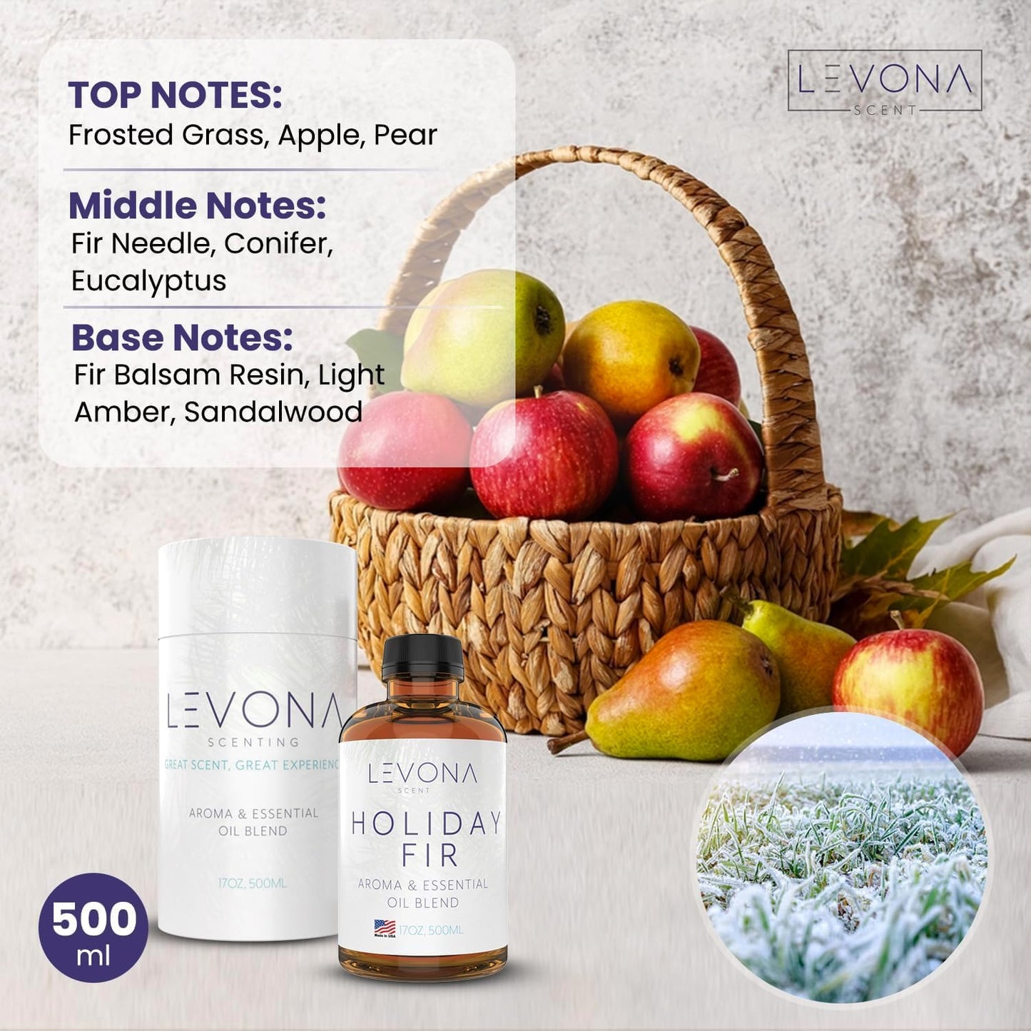 Levona Scent Essential Oil - Fresh Aroma for Home, Office, Hotel & Spa, Perfect in Humidifiers and Diffusers, Luxury Fragrance, with Sandalwood, Amber, Winter Fir Notes - 500ml/ 17 fl oz, Holiday Fir