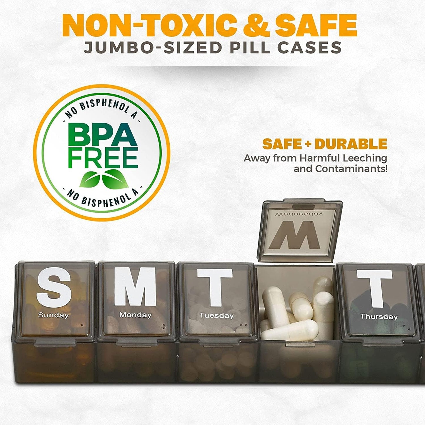 Weekly Pill Organizer - (Pack of 3) Extra Large Vitamin Container with Jumbo Easy to Read Letters, BPA Free - Daily Travel 7 Day Medication Pill Box Case, (Black)