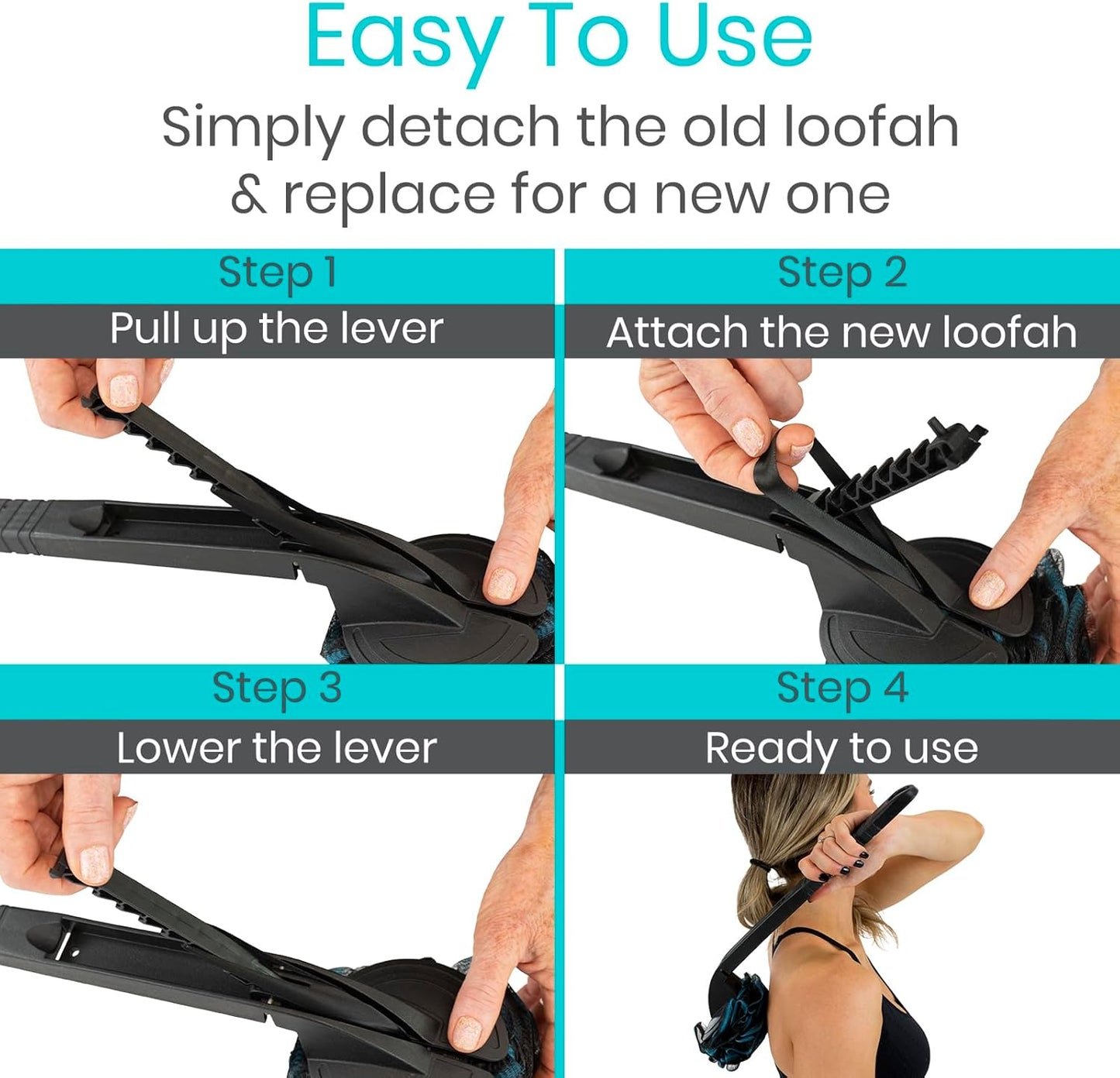 Vive Long Handled Loofah on a Stick - Mesh Back Sponge for Bath, Reusable w/Extra Pouf - Exfoliating Scrubber for Elderly & Disabled, Soft Loofa for Bathing Men & Women