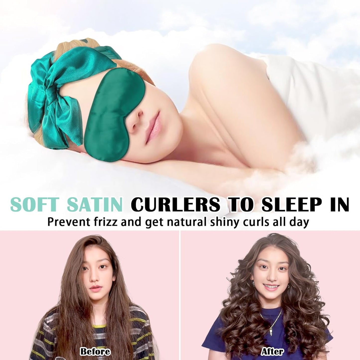 Satin Heatless Curls Overnight Hair Curlers to Sleep In Hair Curler Rollers No Heat Hair Wrap for Curls Headband, 70" Satin Heatless Curling Set for Women Long Waves Hair Volume -Green 10 PCS