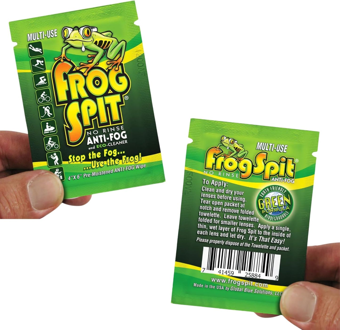 Frog Spit Pre-Moistened Anti-Fog Wipes | 6-Pack | Individually Packaged Travel Anti Fog Wipes for Glasses, Goggles, Face Masks, Helmets, Face Shields