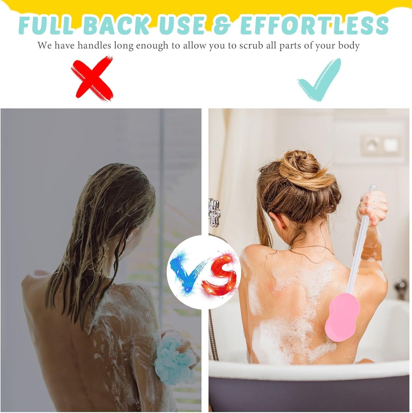 3 Pcs Long Handle Bath Sponge 22.4'' Back Sponge on a Stick Lightweight Back Washer Handled Butt Scrubber Shower Brush for Foot Body Cleaning Bathing Limited Motion(Pink)