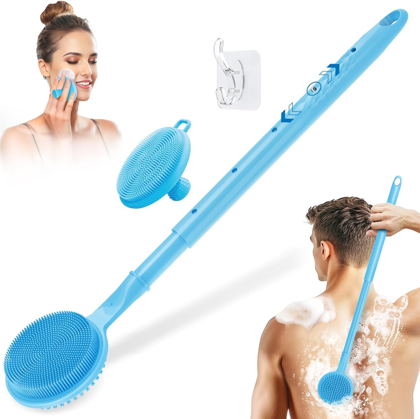Adjustable Silicone Back & Face Scrubber Set, 16''-24'' Extendable Shower Back Scrubber with Dual-Side Head and Lathering Bristles, Manual Face Scrubber with Soft Bristles Non-Slip Handle(Blue)