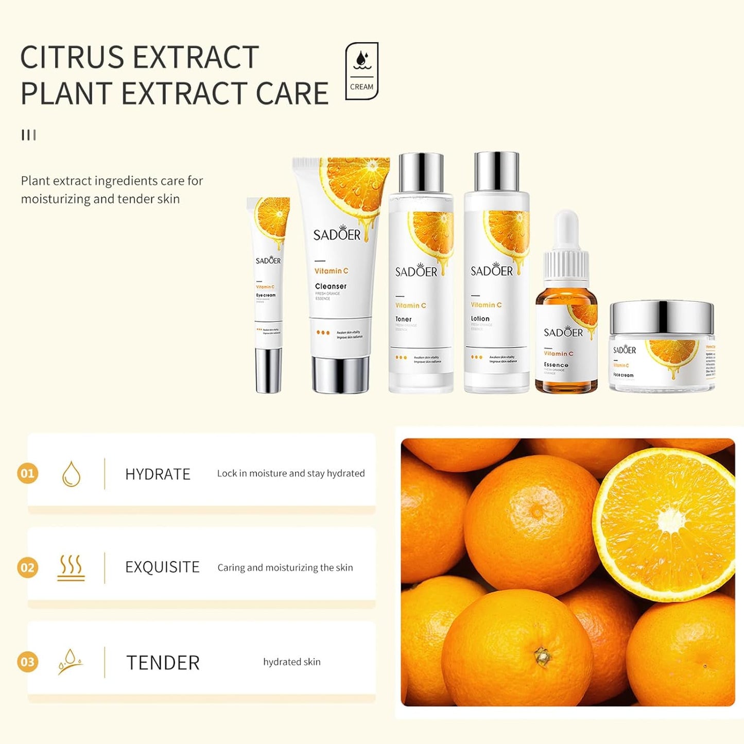 Vitamin C Daily Skin Care Set Daily Moisturizing & Nourishing Fresh Orange Essence Skin Care Set Vitamin Essence Six-piece Set