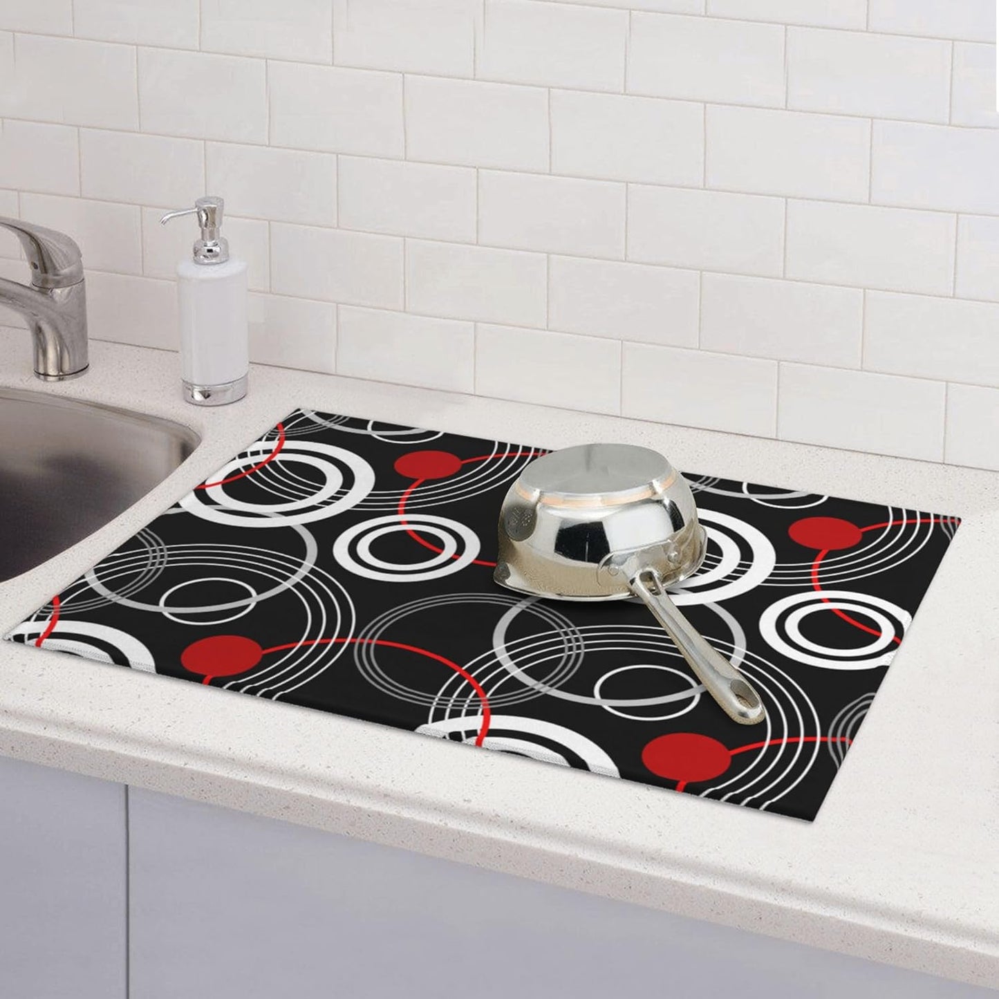 Modern Black Red Retro Dish Drying Mat for Kitchen Counter Absorbent Reversible Drying Pad Kitchen Decor Dish Drainer Rack Mats 18"x24"
