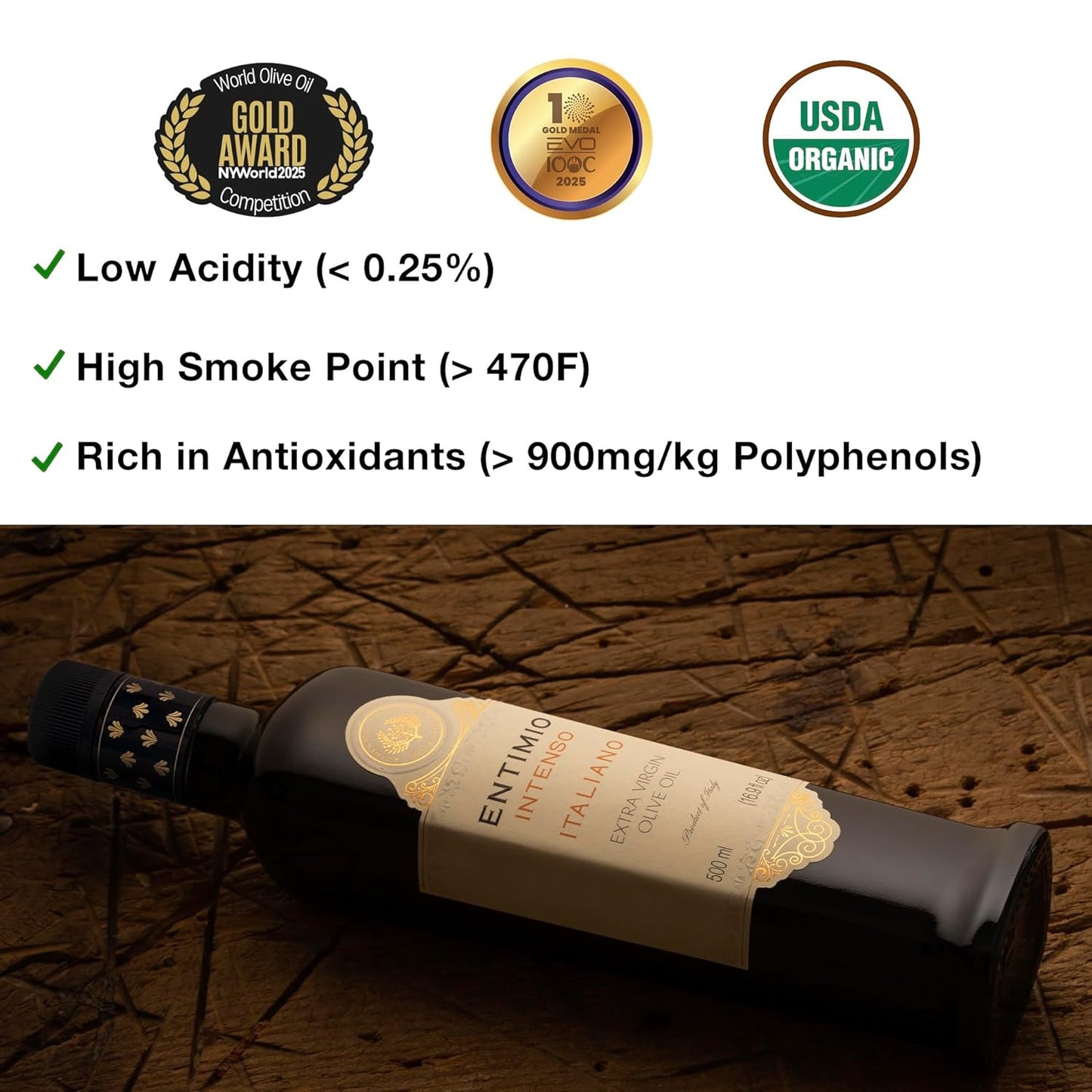 Entimio Ardente +600 mg/kg Polyphenol Rich Organic Extra Virgin Olive Oil, New 2024-2025 Early Harvest Italian Olive Oil from Sicily, Italy, 2025 Gold Winner, Cold Extracted, Lab Tested - 16.9 fl oz