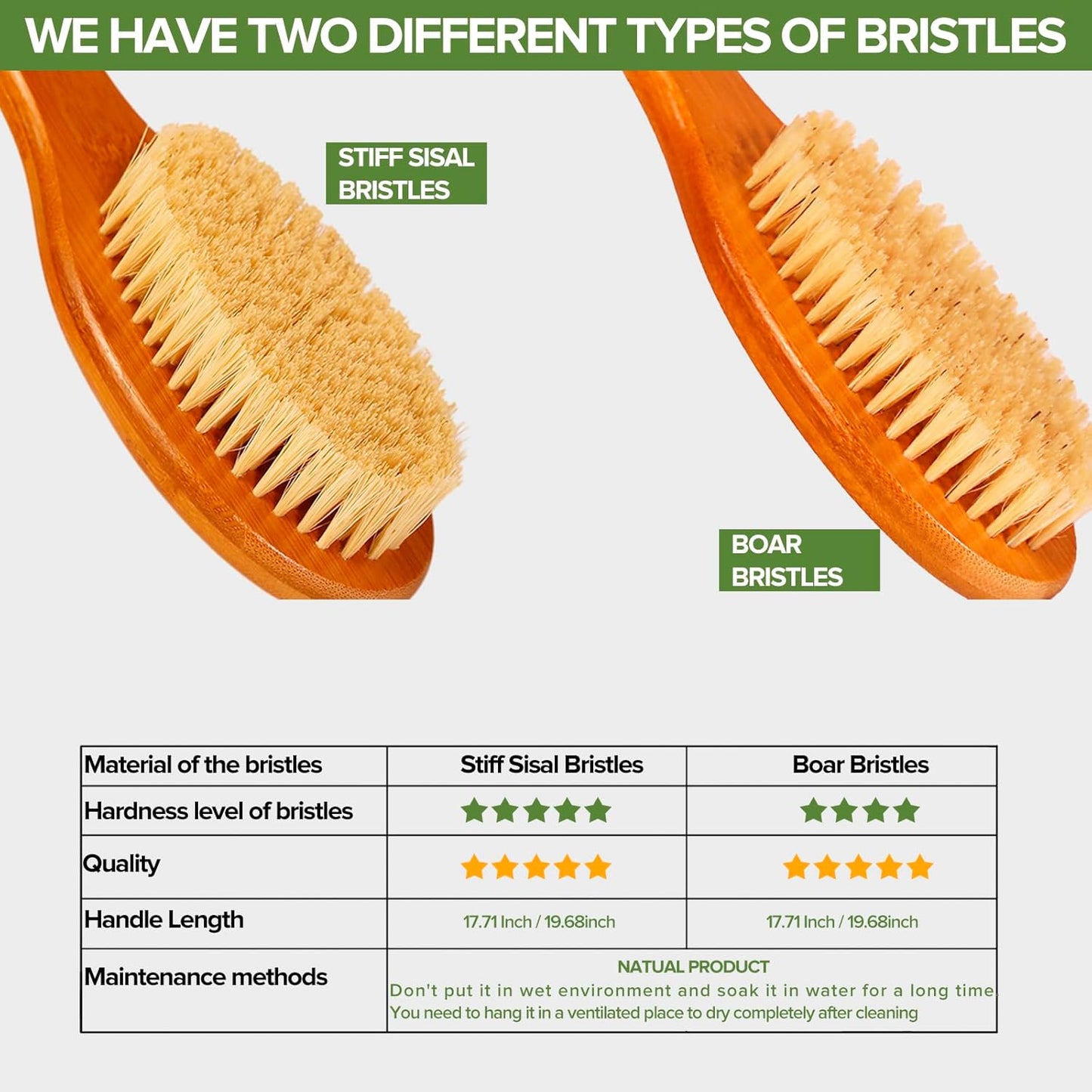 ICANdOIT-17.71Inch Natural Stiff Sisal Bristles Anti-Slip Long Handle Bath Brush,Bent Handle Shower Scrubber for Exfoliating,Shower Back Brush,Exfoliation Set with Pumice Stone(1 Pack)