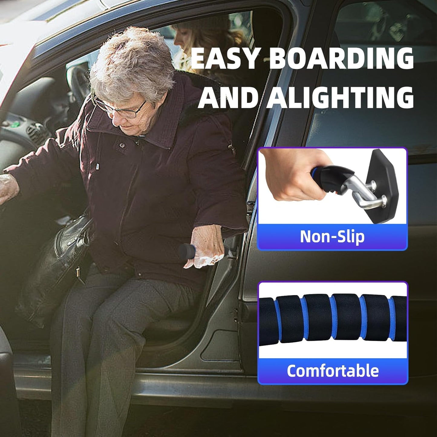 Car Door Handle for Elderly, Mobility Car Assist Transfer Support Handle and Adjustable Straps, Multifunction Automotive Grab Handles, Aids for Disabled and Elderly（Blue）
