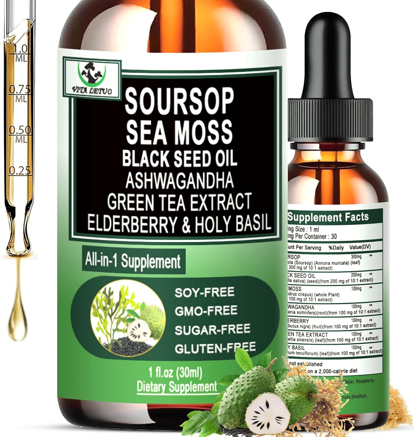 Soursop Drops,Soursop Bitters Liquid with Sea Moss Black Seed Oil Green Tea Extract Ashwagandha Elderberry Holy Basil-Multimineral&Vitamins Superfood Drops for Immune&Digestive & Cell Support
