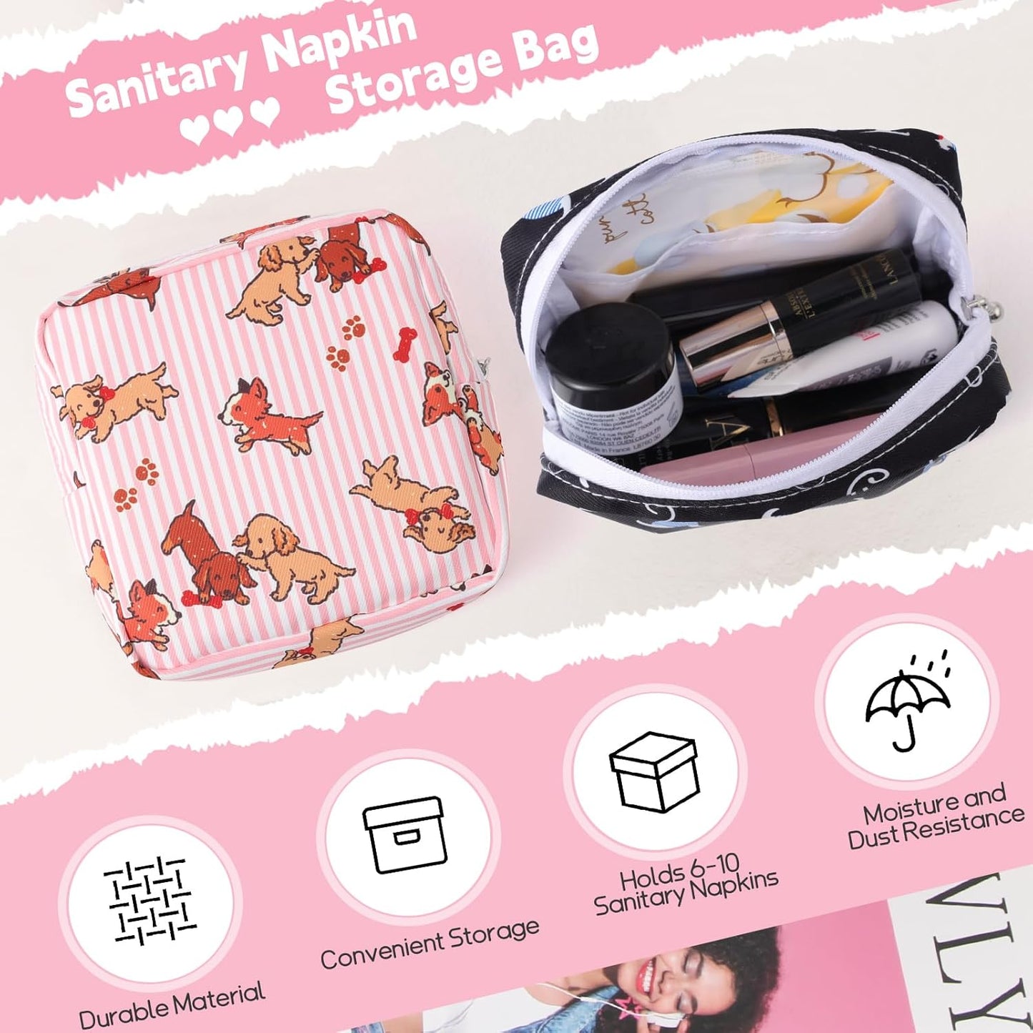 Desing Wish Sanitary Pad Storage Bag Portable Period Bag for Teen Pads/Sanitary Napkins/Small Tampons, Sanitary Napkin Storage Bag First Period Gifts for Teen Girls (Black-White Cats)