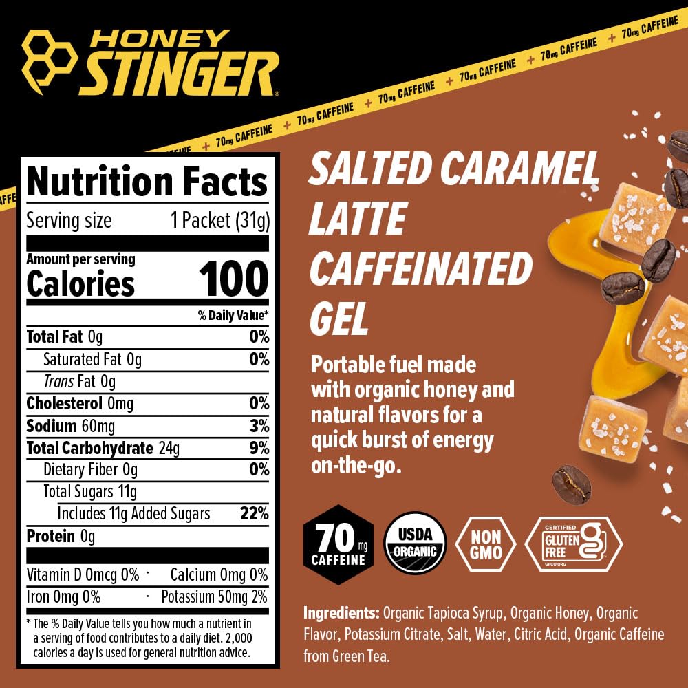 Honey Stinger Organic Salted Caramel Energy Gel, Caffeinated & Gluten Free, for Exercise, Running and Performance, Sports Nutrition for Home & Gym, Pre and Mid Workout, 12 Pack, 13.2 Ounce