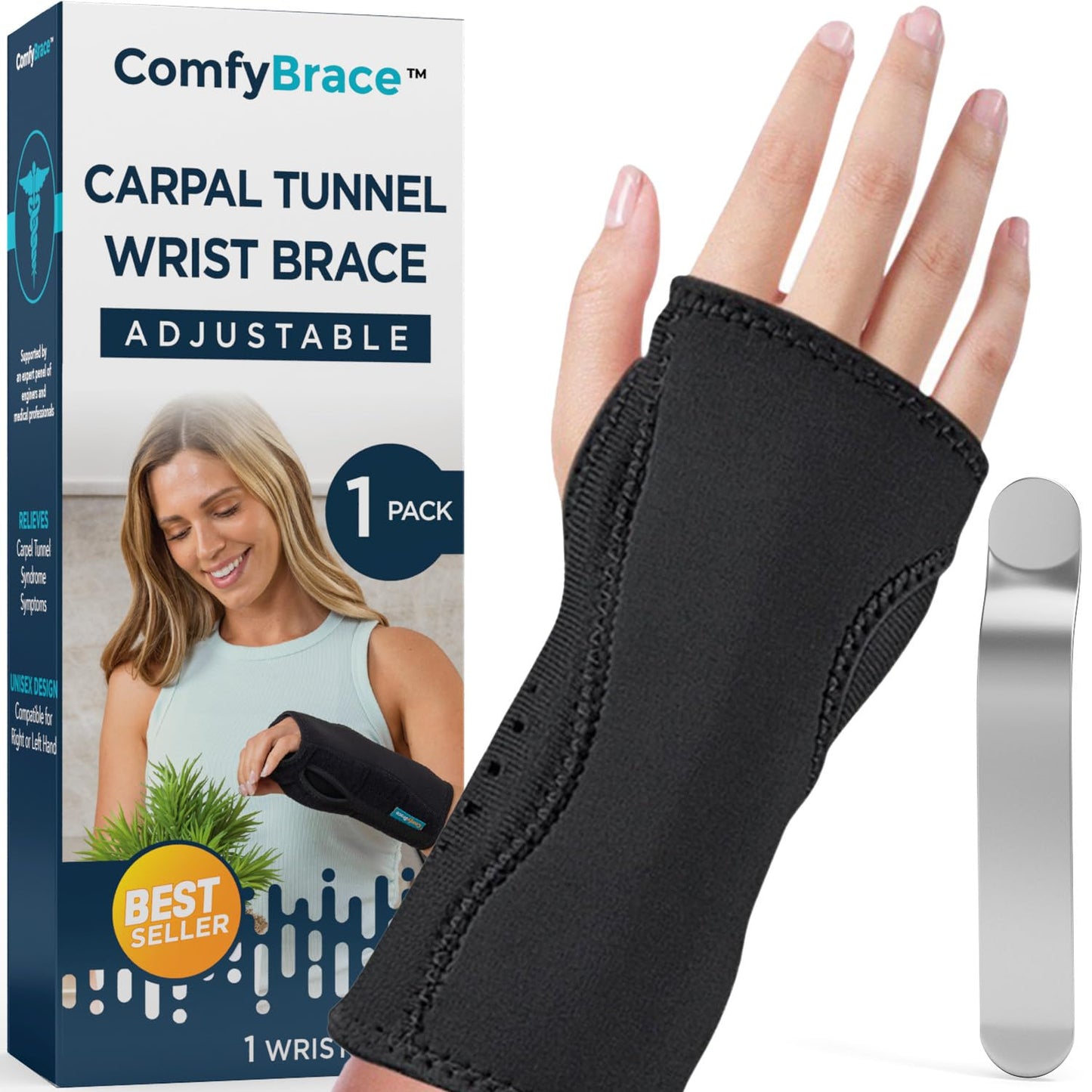 ComfyBrace® Carpal Tunnel Wrist Brace - with Splint and Palm Cushion - (Adjustable and Fits Both Hands) - for Support, Carpal Tunnel, Tendonitis, Wrist Injury, and Pain (Pack of 1)
