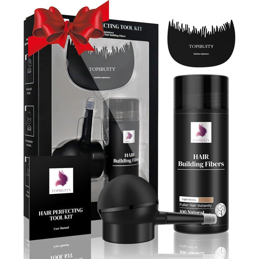 Hair Fibers & Applicator 3-in-1 Set - Natural Concealing Hair Thickening Fibers - Long-Lasting Spray with Accessory for Crisp Hairlines, Thicker Beard & Styling (light brown)