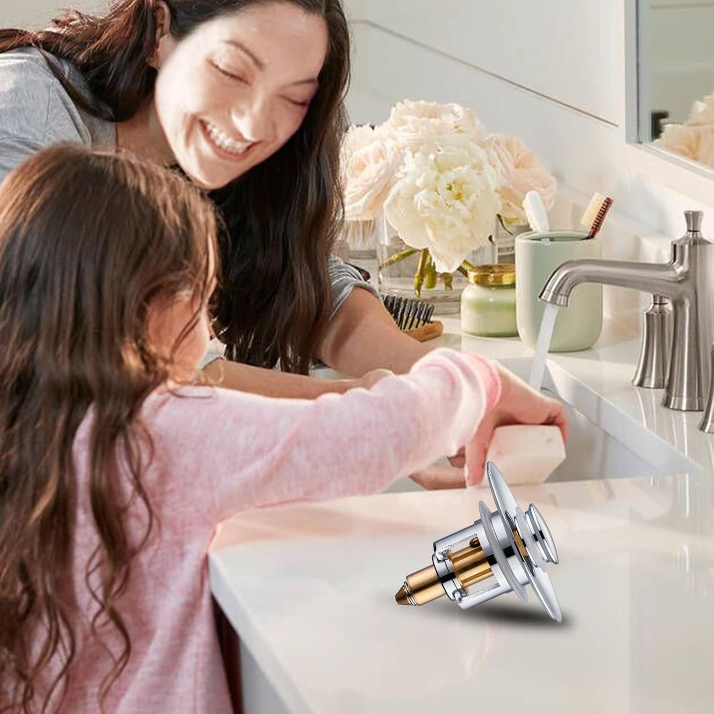 Universal Bathroom Sink Stopper - 2 Pack Chrome Silver Pop Up Drain Stopper for 1.06"-1.65" Basin Drain Holes,Anti Clogging Bathroom Sink Drain Strainers with Hair Catcher