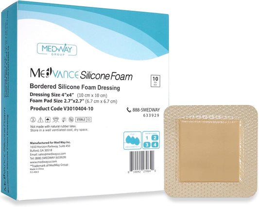 MedVance TM Silicone - Bordered Silicone Adhesive Foam Dressing Size 4"x4" (2.7"x2.7" pad), Box of 10 dressings