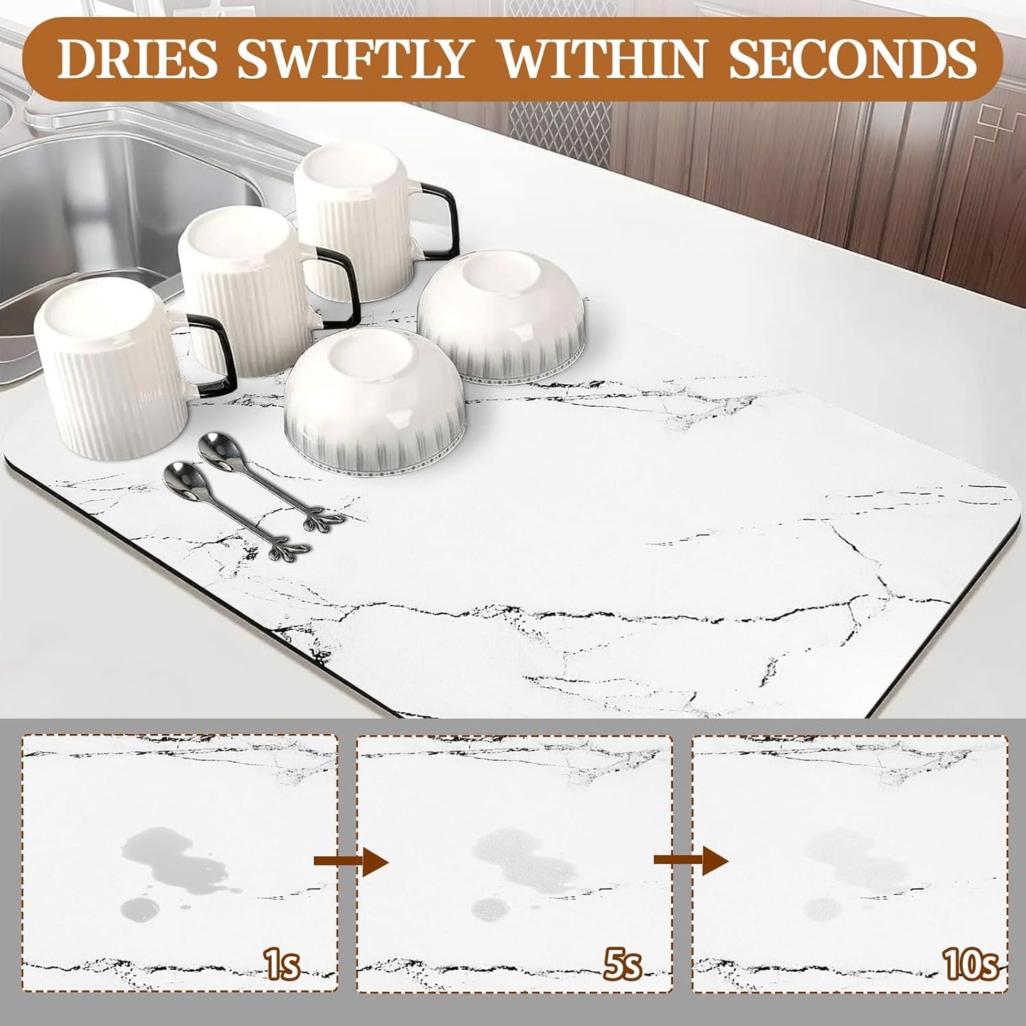 White Dish Drying Mat, 24"x16" Dish Draining Mat with Non-slip Rubber Backed, Absorbent Heat Resistant Dish Drying Mats for Kitchen Counter, Easy to Clean Coffee Machine Dish Rack Pad (White)