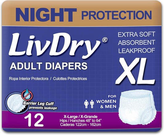 LivDry XL Overnight Adult Diapers for Women and Men, Incontinence Underwear, X-Large, 12-Pack