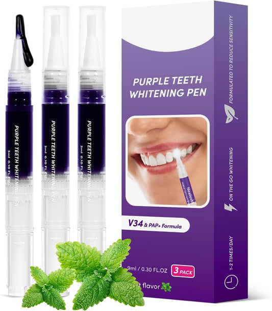 Teeth Whitening Pen 3 Packs Mint Flavor, Purple Toothpaste for Teeth Whitening, Color Correcting Whiter Gel Pen for Sensitive Teeth, Essence Pen for Coffee/Smoking Stains, Gentle Formula